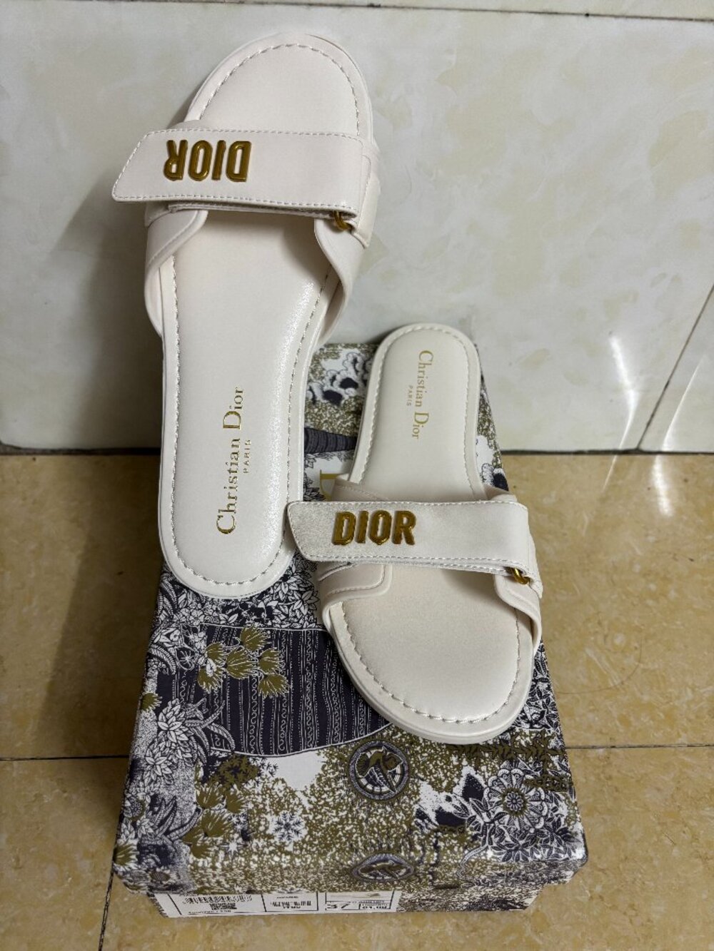 Dior White Leather Slide Sandals with Gold Logo